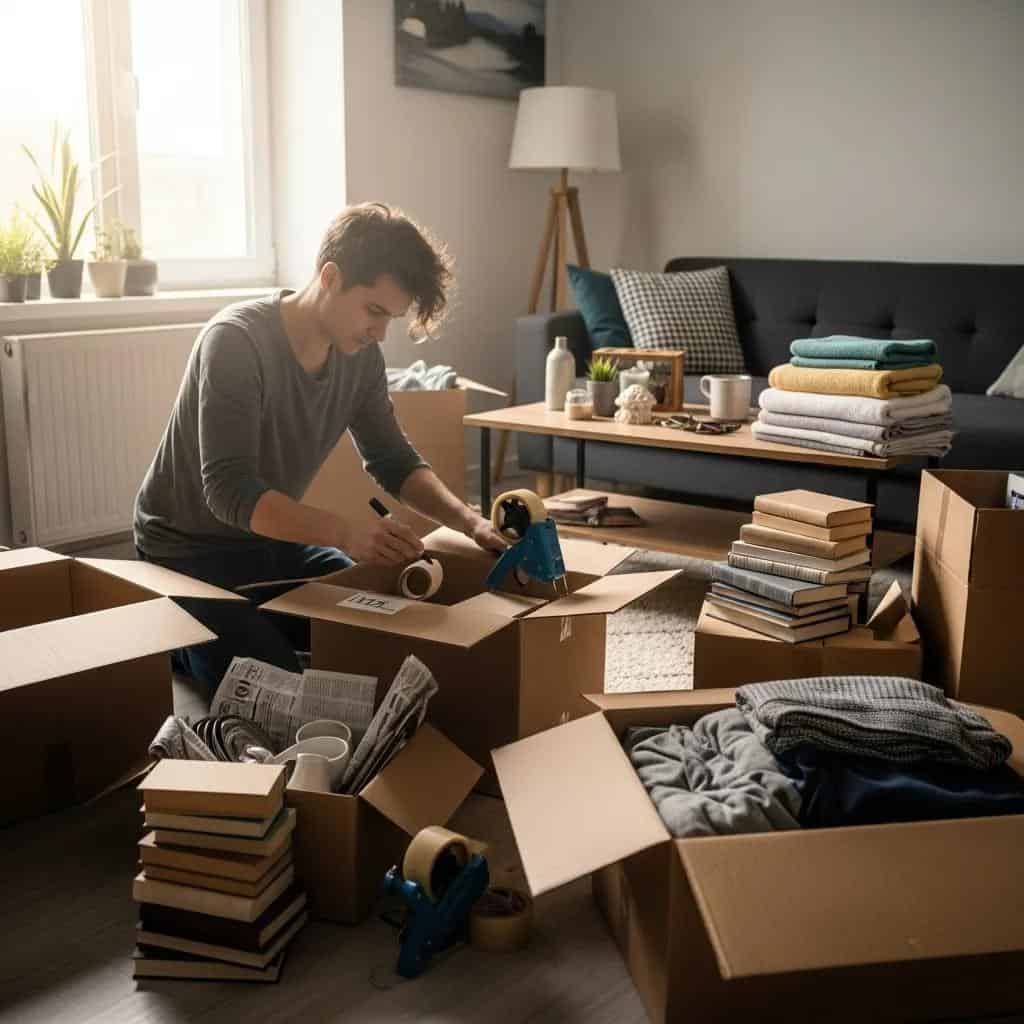 person packing boxes in a small flat demonstrating effective packing tips for moving